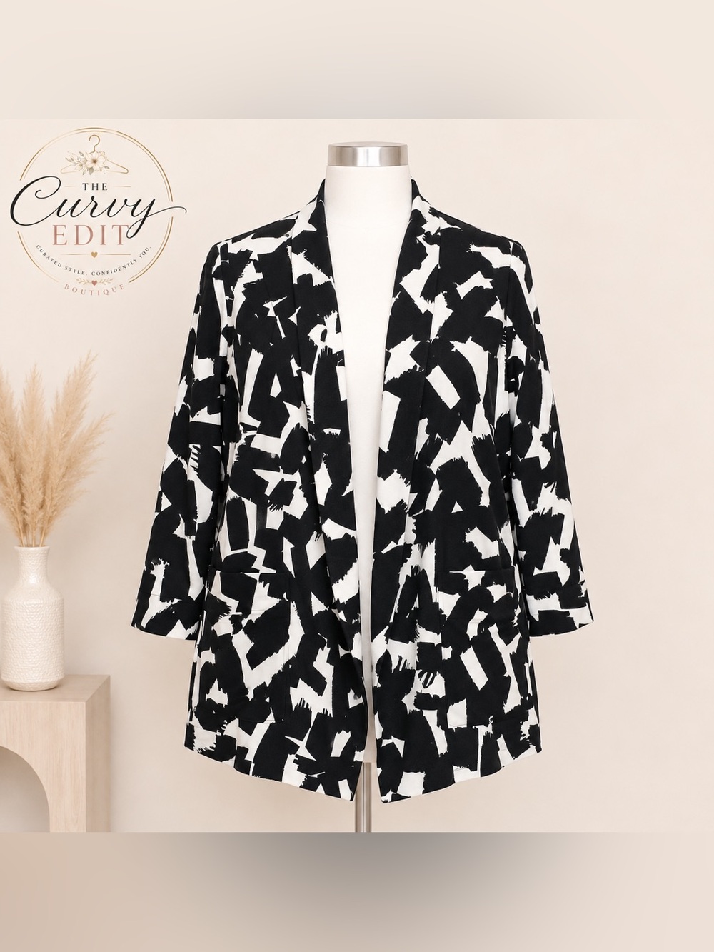 Kasper Black & White Abstract Print Open Front Blazer Plus Size 18W with Pockets